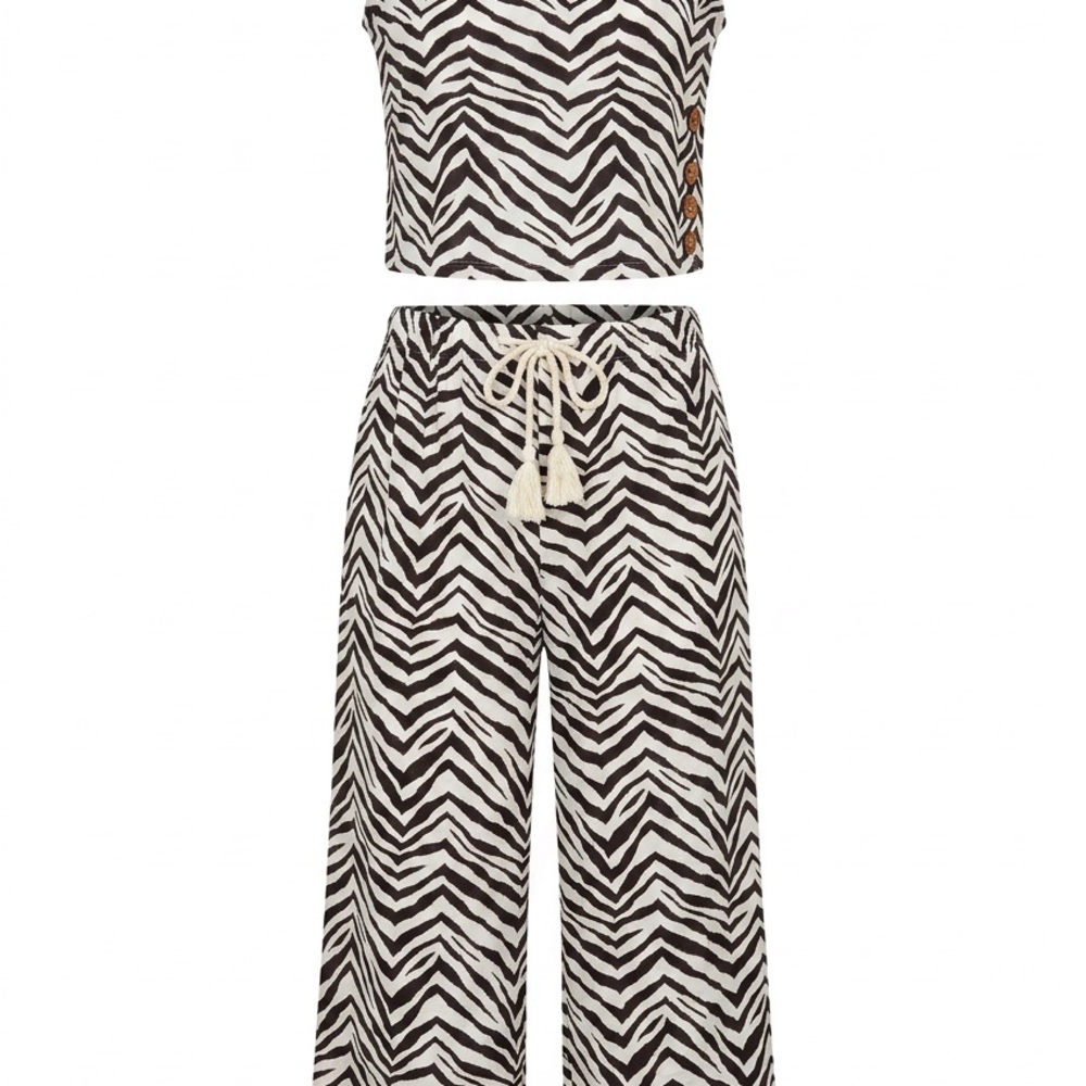 Tahari Brown & White Zebra-Print Wide Leg summer cotton set